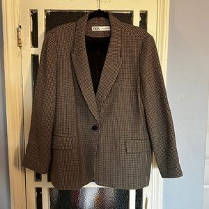 Zara Wool-blend printed blazer with elbow patches